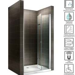 Saniverre Porte de douche pliante MONA H.195 - largeur réglable de 84 à 88 cm verre transparent -