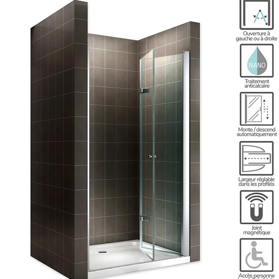Saniverre Porte de douche pliante MONA H.195 - largeur réglable de 76 à 80 cm verre transparent -