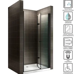 Saniverre Porte de douche pliante MONABLACK H.195 largeur réglable 92 à 96 cm verre transparent -
