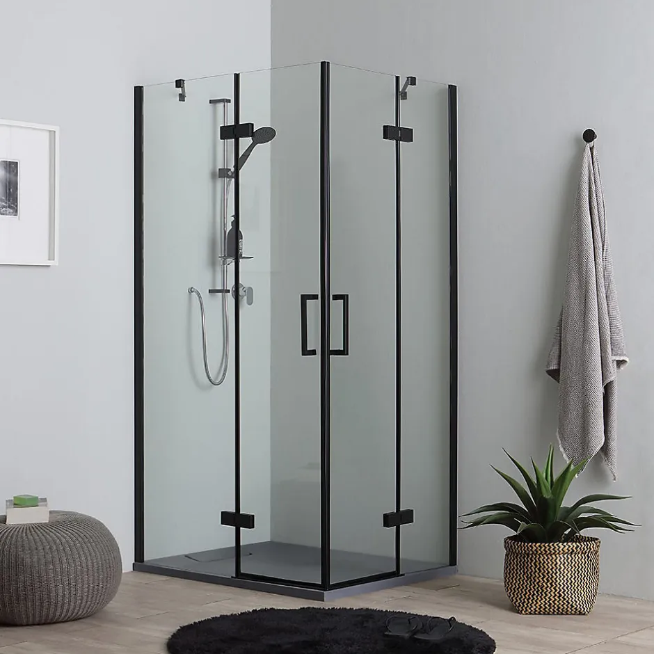 Kiamami Valentina Porte De Douche 80X100 Noire Mate Réversible Avec Deux Portes Battantes En Verre - London* Porte De Douche