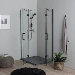 Kiamami Valentina Porte De Douche 80X100 Noire Mate Réversible Avec Deux Portes Battantes En Verre - London* Porte De Douche