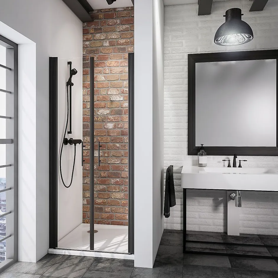 Schulte Portes de douche battantes l.90 x H.192 cm, verre transparent anticalcaire, profilé noir mat, NewStyle* Porte De Douche