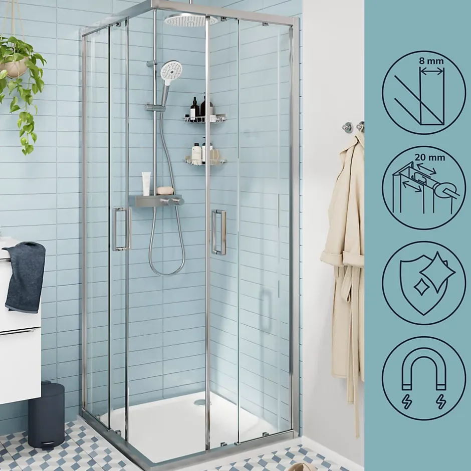 GoodHome Portes de douche coulissantes accès d'angle l.90 x L.90 x H.195 cm, verre transparent, profilés alu chrome, Ledava