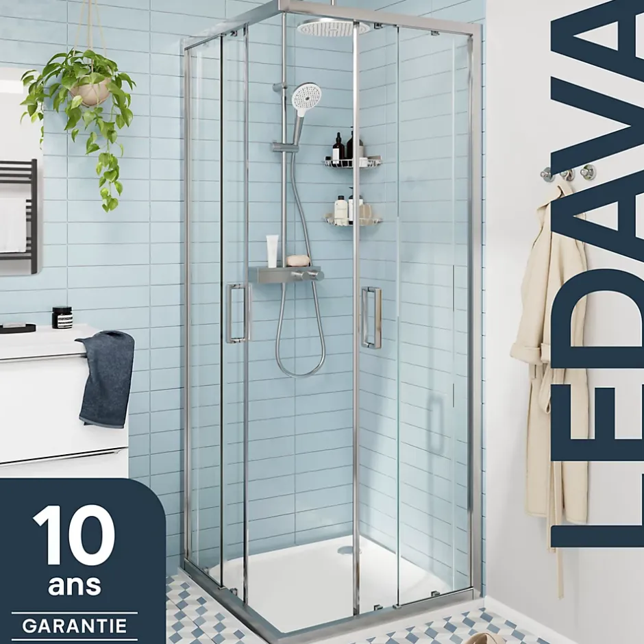 GoodHome Portes de douche coulissantes accès d'angle l.90 x L.90 x H.195 cm, verre transparent, profilés alu chrome, Ledava
