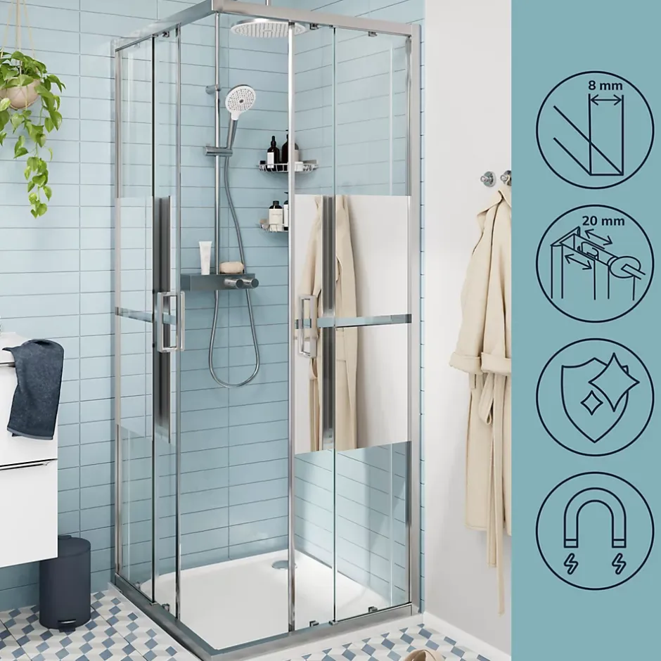 GoodHome Portes de douche coulissantes accès d'angle l.80 x L.80 x H.195 cm, bandes miroir, profilés alu chrome, Ledava* Porte De Douche