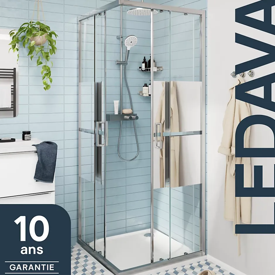GoodHome Portes de douche coulissantes accès d'angle l.80 x L.80 x H.195 cm, bandes miroir, profilés alu chrome, Ledava* Porte De Douche