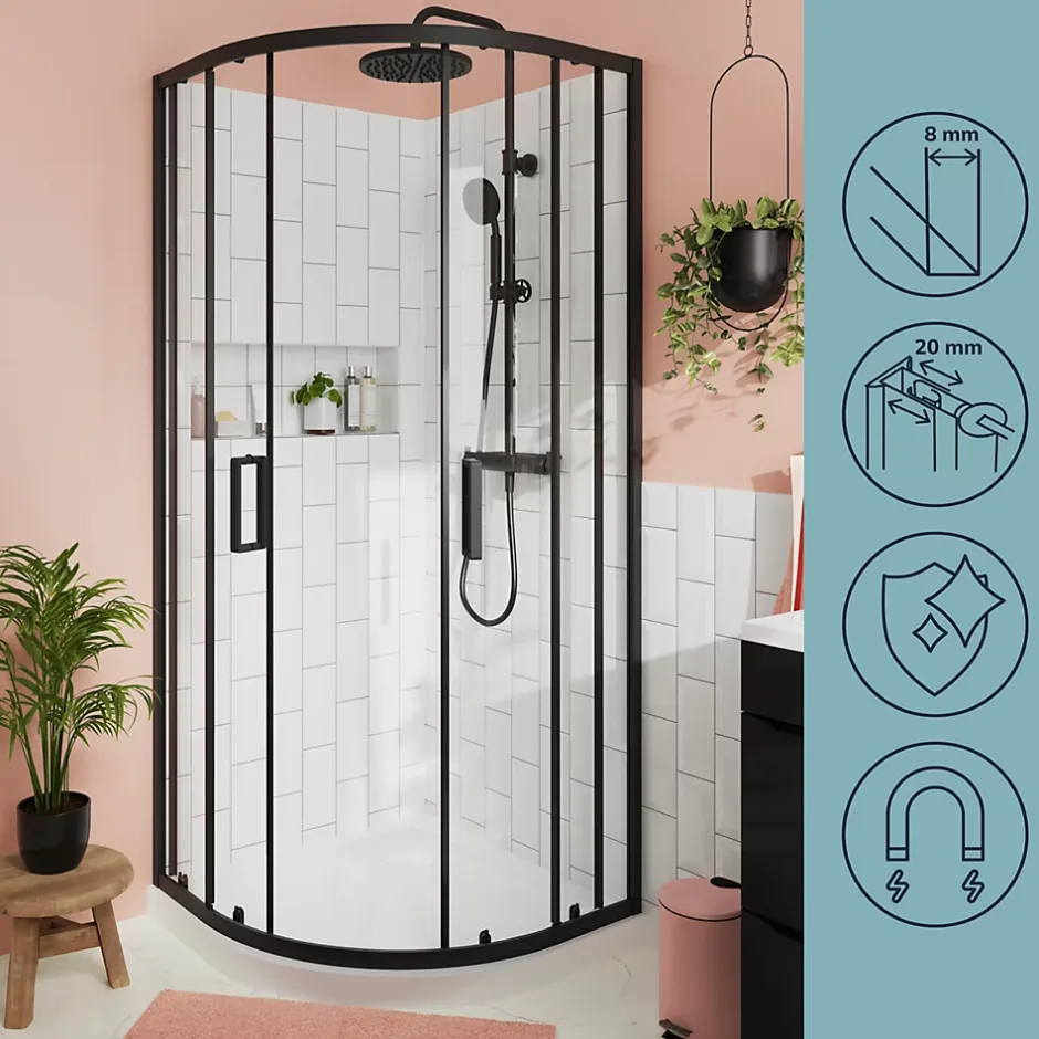 GoodHome Portes de douche coulissantes accès d'angle quart de cercle l.90 x L.90 x H.195 cm, verre transparent, profilés alu noir, Ledava