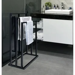 Idimex Porte-serviettes sur pied KUNO portant pour vêtements et linge de salle de bain avec 3 niveaux d'étendage, structure en métal noir