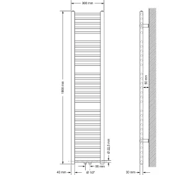 Luxebath Radiateur de Salle de Bain - 300 x 1800 mm - Blanc - Droit avec Raccordement Central* Sèche-Serviettes Mixte