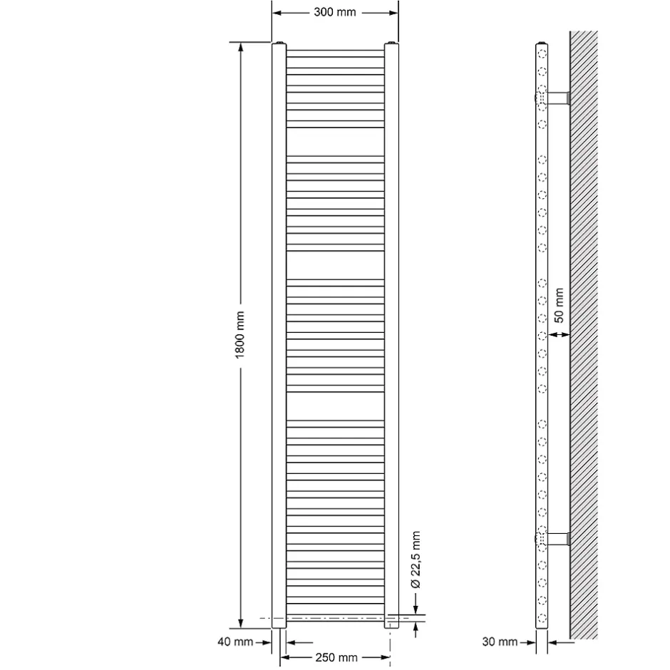 Luxebath Radiateur Sèche-Serviettes Sahara - 300 x 1800 mm - Blanc - Connexion Latéral - sans Kit de Raccordement - Forme Droite* Sèche-Serviettes Mixte