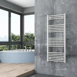 Bernstein Radiateur sèche-serviettes 120x50cm design salle de bain en laiton, Blanc, R18W, Avec porte-serviette droit, + kit connexion blanc* Sèche-Serviettes Eau Chaude