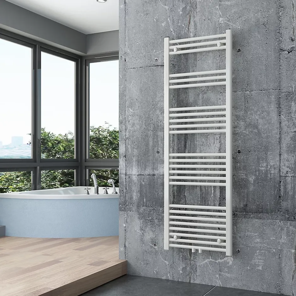Bernstein Radiateur sèche-serviettes 150x50cm design salle de bain en laiton, Blanc, R18W, Avec porte-serviette droit + kit connexion blanc