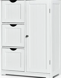Giantex Rangement Salle de Bain 3 Tiroirs 1 Armoire Placard Porte Magnétique Anti Basculement étagère Réglable* Meuble De Salle De Bains Faible Profondeur|Armoire De Salle De Bains