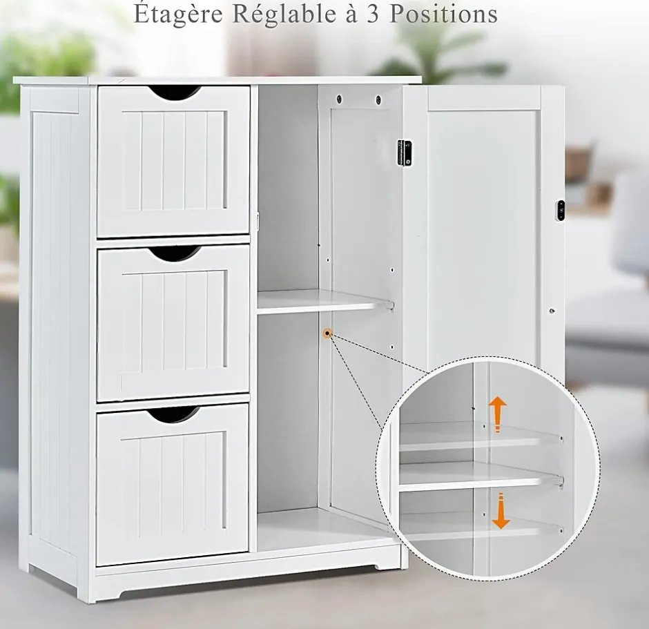 Giantex Rangement Salle de Bain 3 Tiroirs 1 Armoire Placard Porte Magnétique Anti Basculement étagère Réglable* Meuble De Salle De Bains Faible Profondeur|Armoire De Salle De Bains