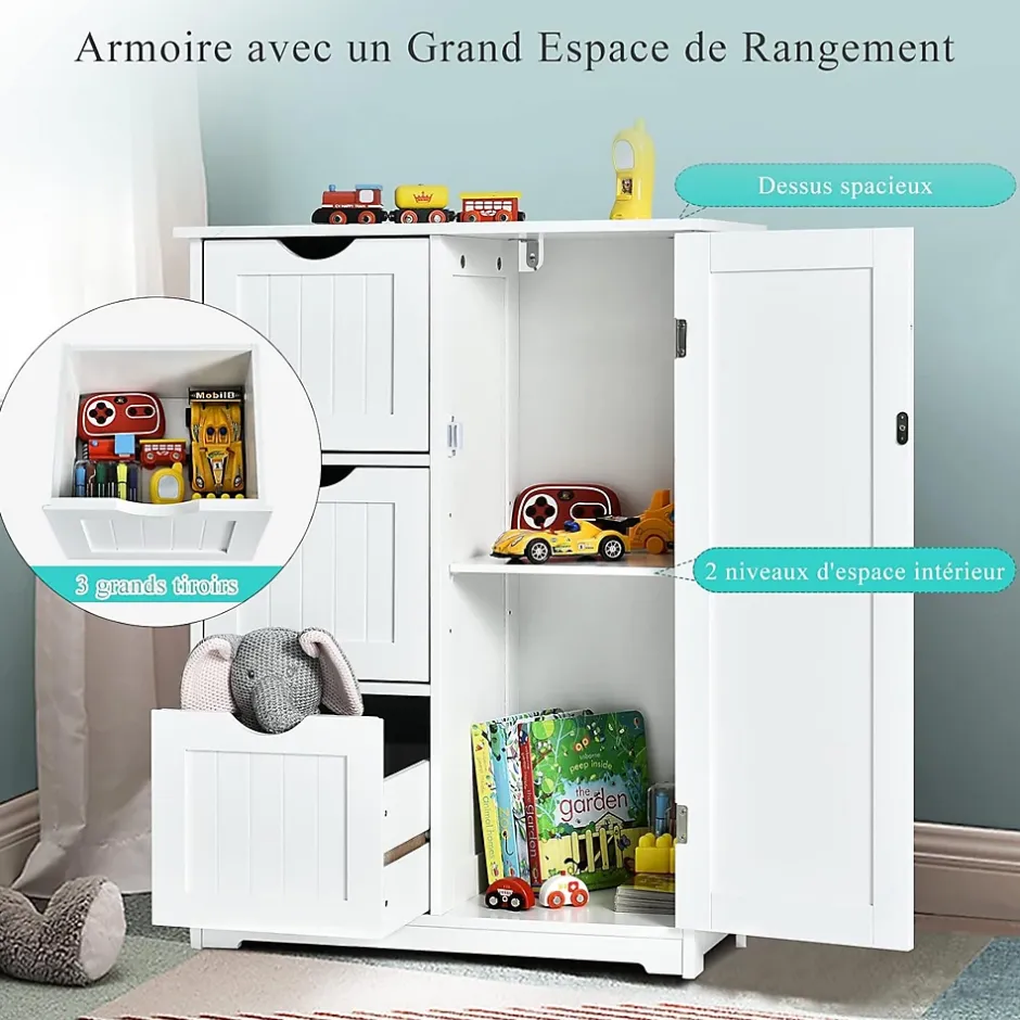 Giantex Rangement Salle de Bain 3 Tiroirs 1 Armoire Placard Porte Magnétique Anti Basculement étagère Réglable* Meuble De Salle De Bains Faible Profondeur|Armoire De Salle De Bains