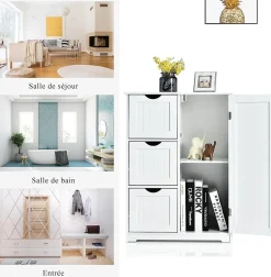 Giantex Rangement Salle de Bain 3 Tiroirs 1 Armoire Placard Porte Magnétique Anti Basculement étagère Réglable* Meuble De Salle De Bains Faible Profondeur|Armoire De Salle De Bains