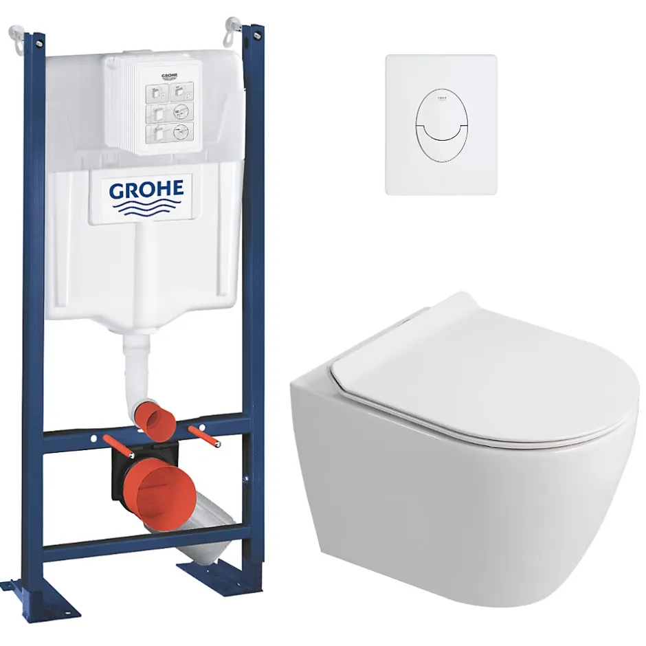 Grohe Rapid SL Pack WC bâti autoportant + WC suspendu sans bride Ceramia avec abattant SoftClose + plaque blanche (GRRCEPXWR12-FR)