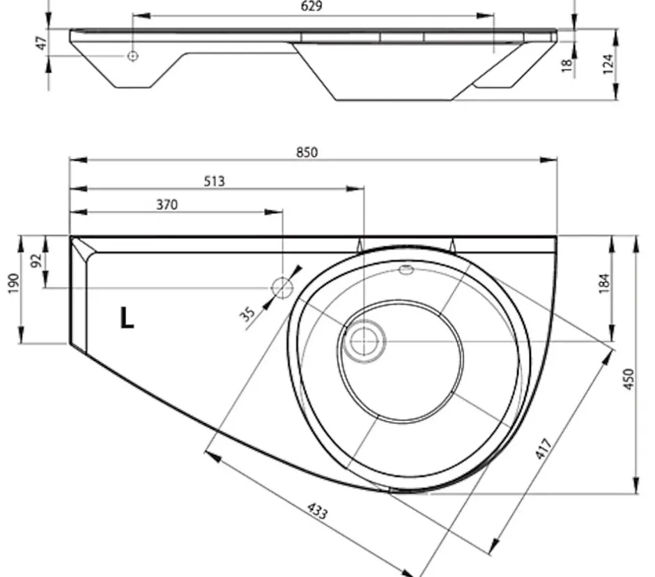 Ravak Avocado Comfort Lavabo 85x45cm, style asymétrique gain de place orientation gauche avec perçage et trop plein (XJ1L1100000)