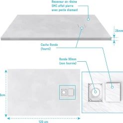 Aurlane Receveur à poser en matériaux composite SMC - Finition ardoise blanc mat - 80x120 cm