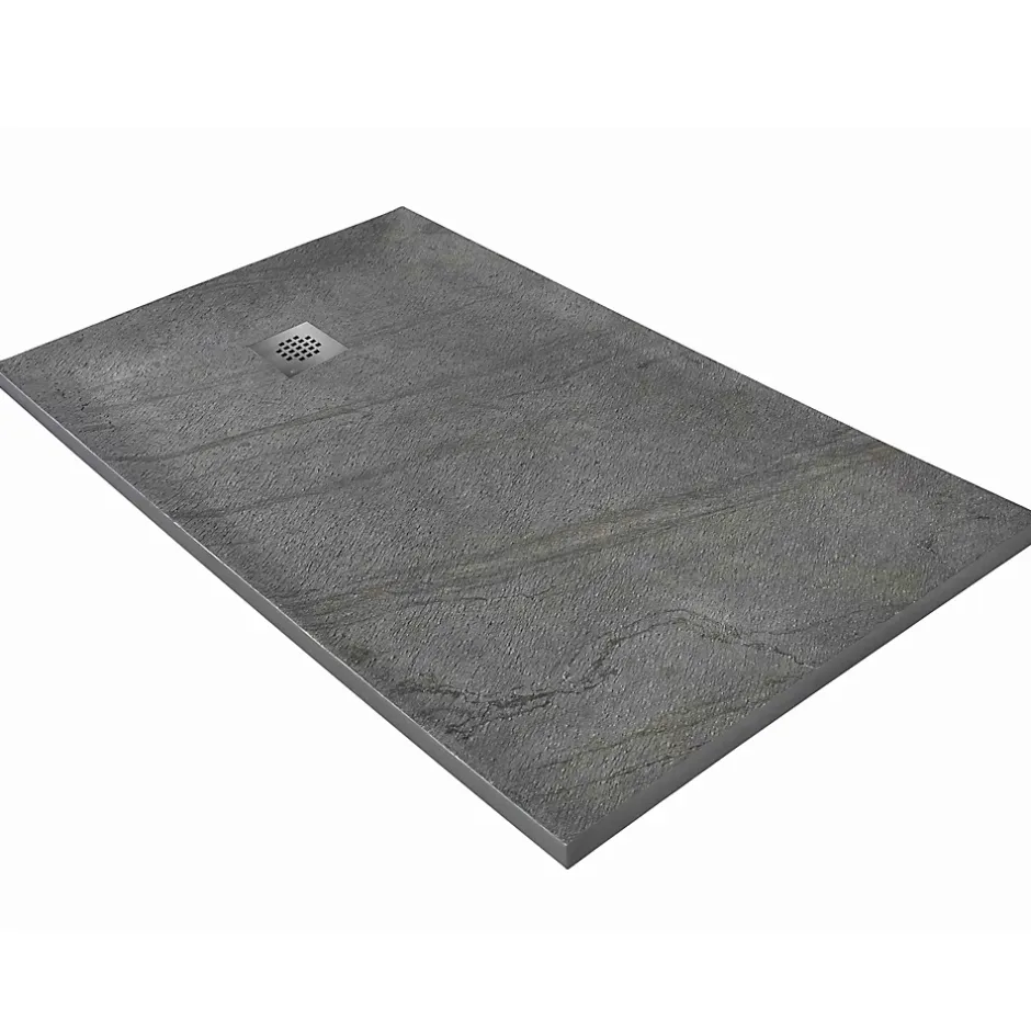 U-tile Receveur 150 x 100 cm HD en pierre naturelle gris grille excentrée