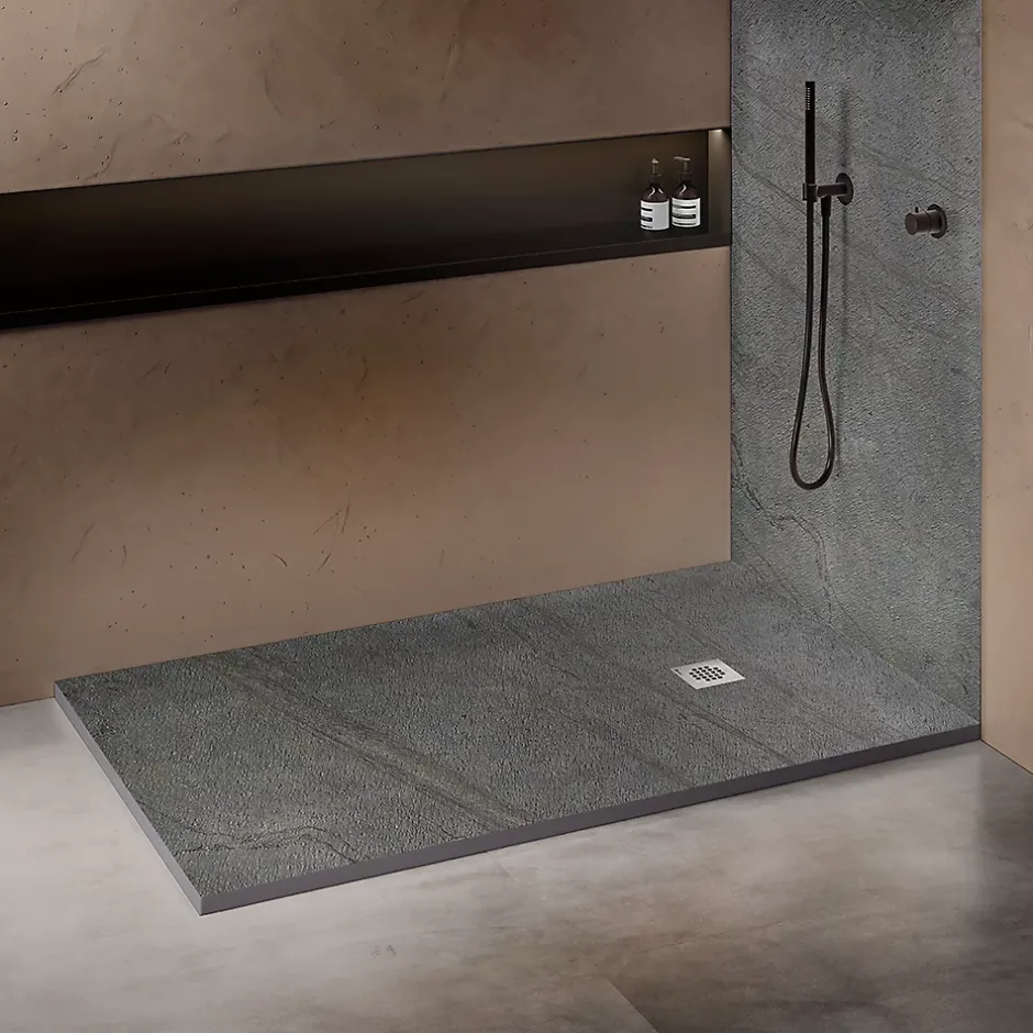 U-tile Receveur 120 x 90 cm HD en pierre naturelle gris grille excentrée