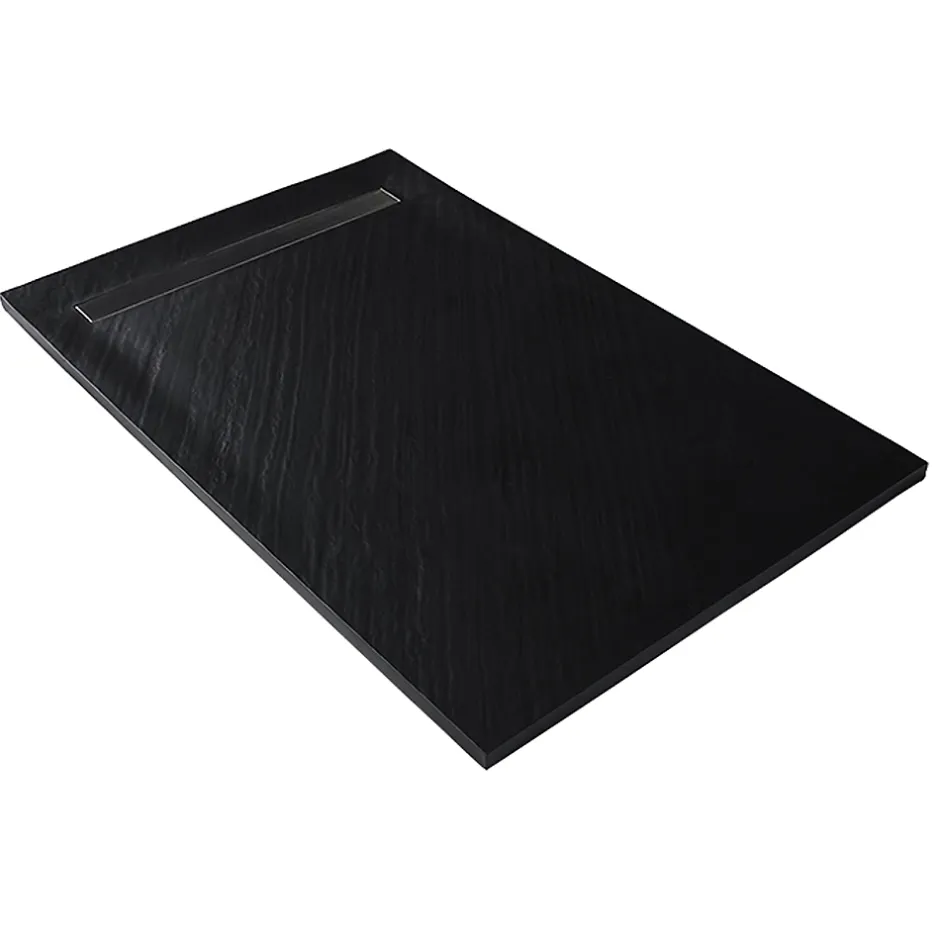 U-tile Receveur 180 x 90 cm HD en pierre naturelle noir caniveau excentré