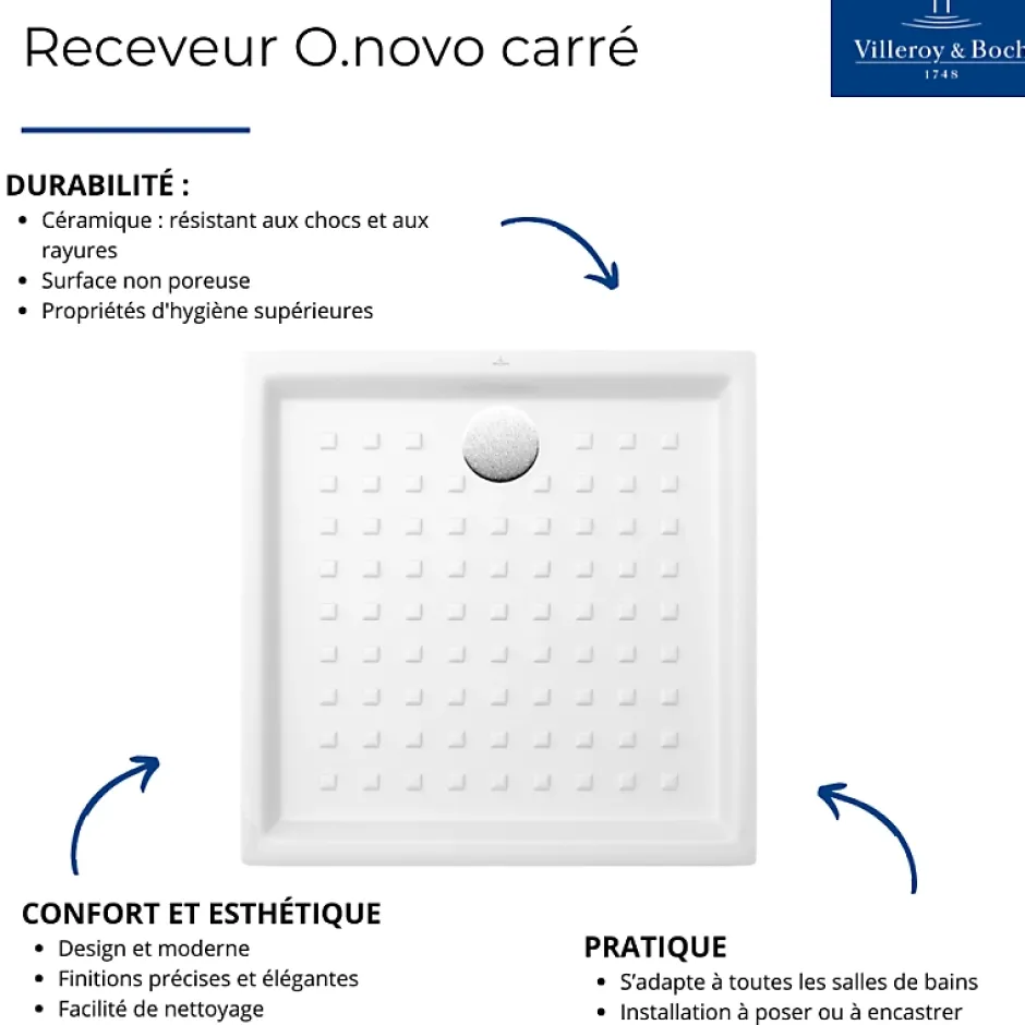 Villeroy & Boch Receveur 100 x 100 VILLEROY ET BOCH O.Novo ceramique carré blanc* Receveur De Douche