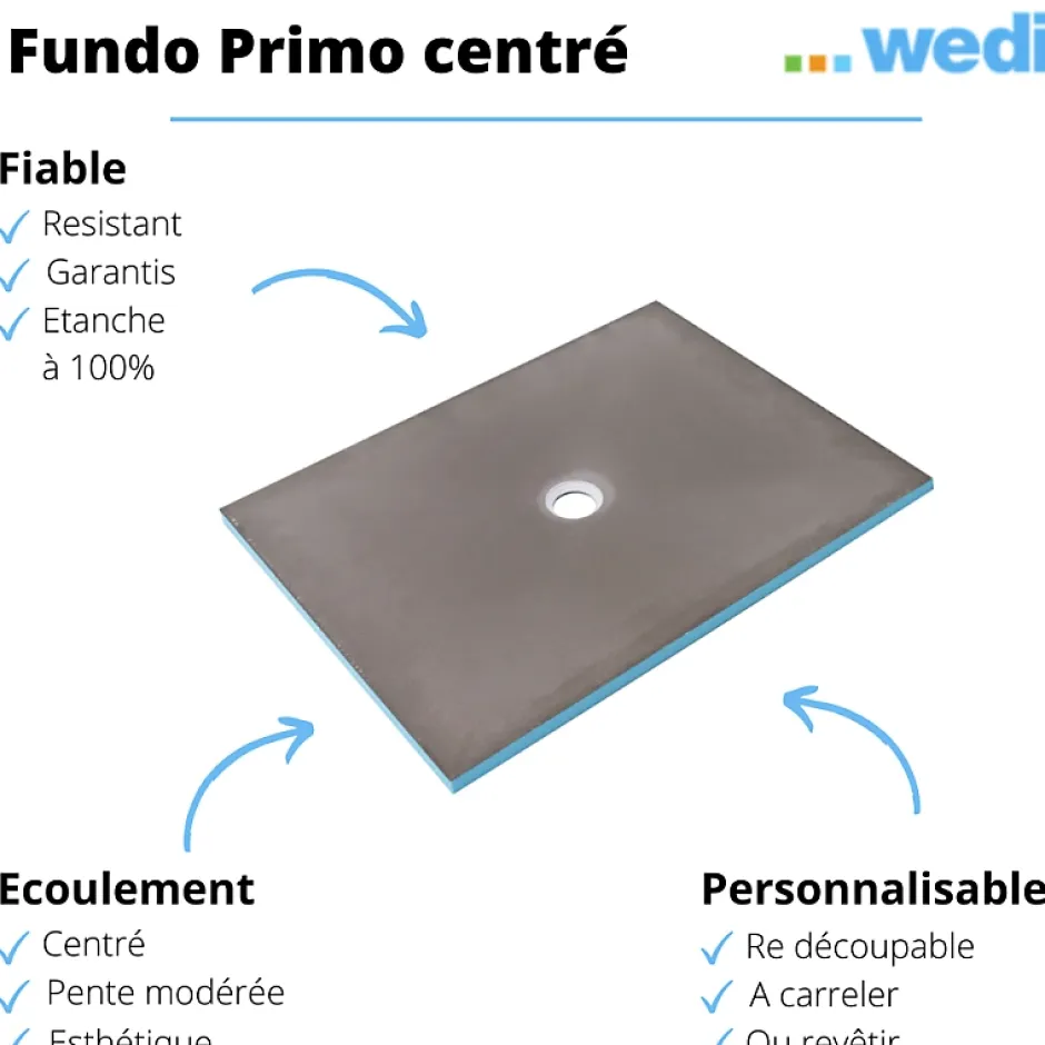 Wedi Receveur de douche à carreler 90 x 90 Fundo Primo carré écoulement centrée* Receveur De Douche