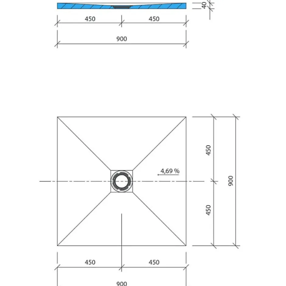 Wedi Receveur de douche à carreler 90 x 90 Fundo Primo carré écoulement centrée* Receveur De Douche