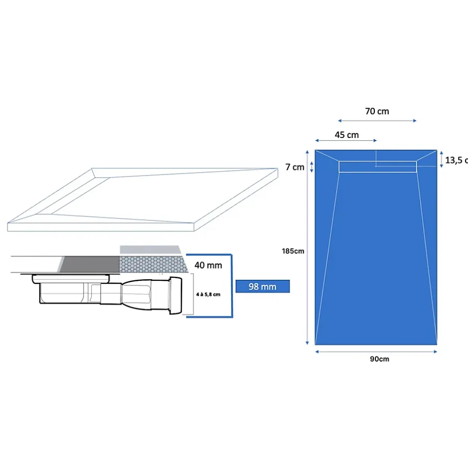 U-tile Receveur de douche à carreler caniveau 185 x 90 cm