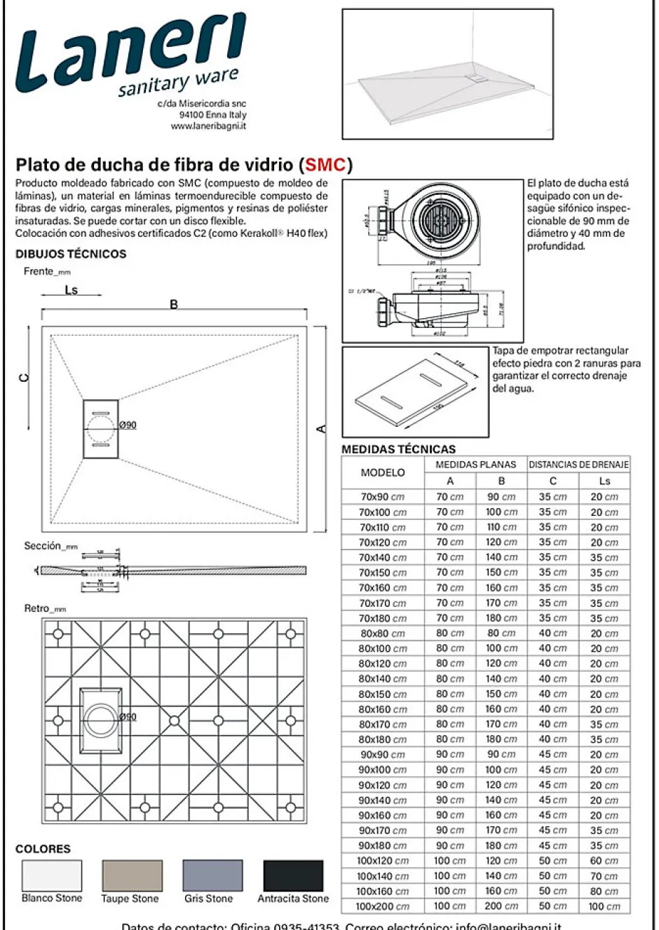 Laneri Receveur de douche SMC en fibre de verre effet pierre avec bonde inclus H. 2,6 cm 80 x 120 Blanche