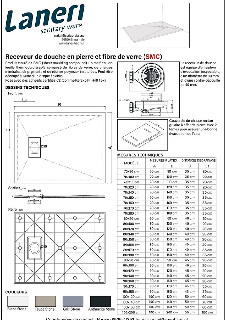Laneri Receveur de douche SMC en fibre de verre effet pierre avec bonde inclus H. 2,6 cm 80 x 140 Blanche