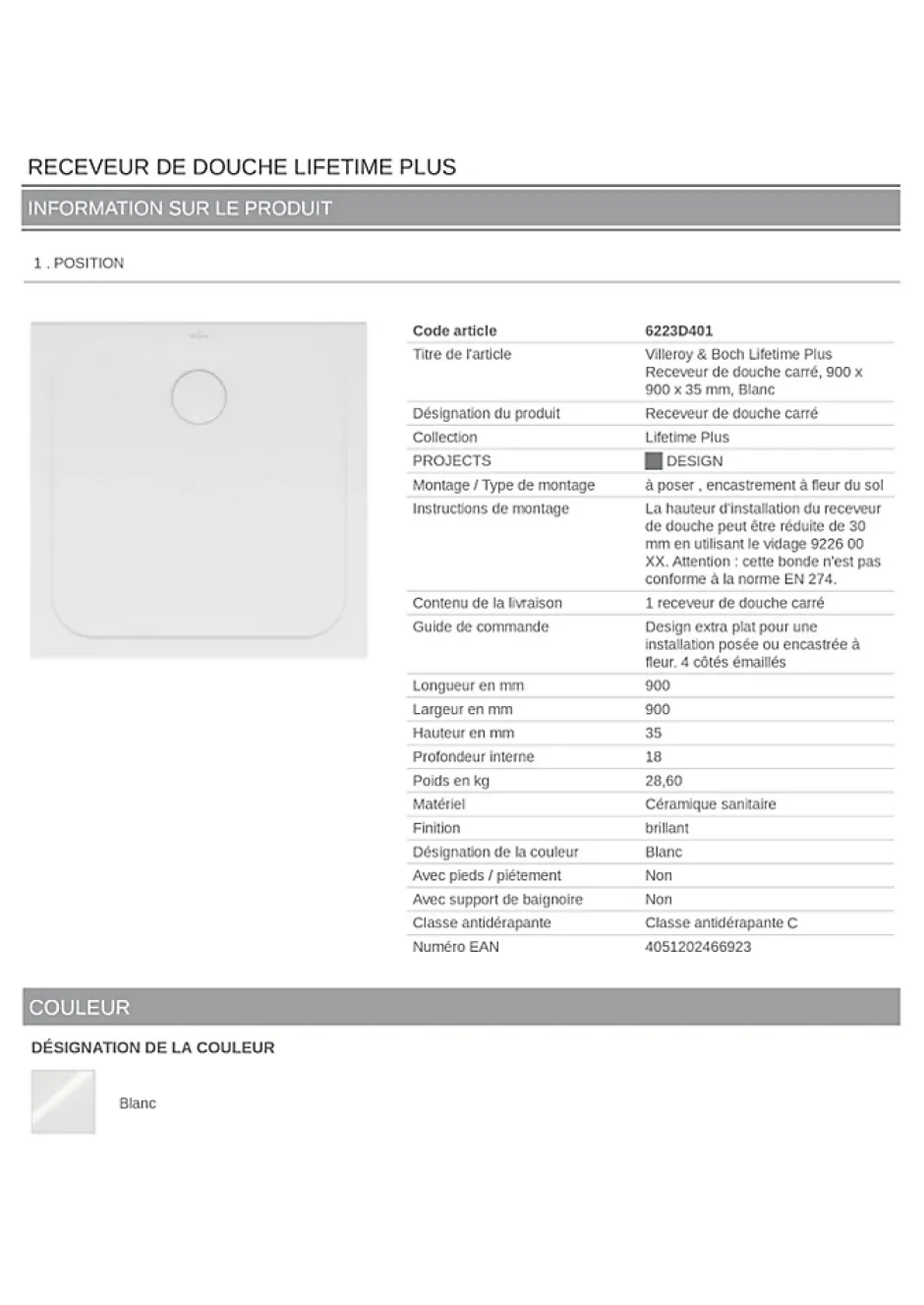 Villeroy & Boch Receveur de douche 90 x 90 cm en céramique, blanc, Slim* Receveur De Douche