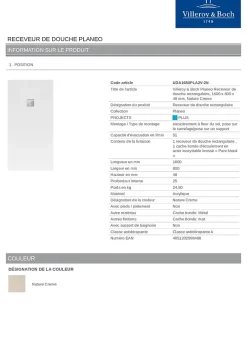 Villeroy & Boch Receveur de douche 80 x 160 cm en acrylique, crème texturé, Exklusive* Receveur De Douche