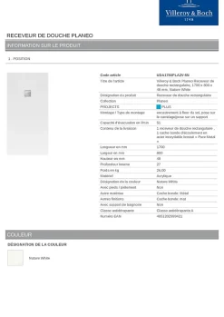 Villeroy & Boch Receveur de douche 80 x 170 cm en acrylique, blanc texturé, Exklusive