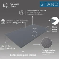 Stano Receveur de douche 90 x 170 cm extra plat QUORE en resine surface ardoisee beton* Receveur De Douche