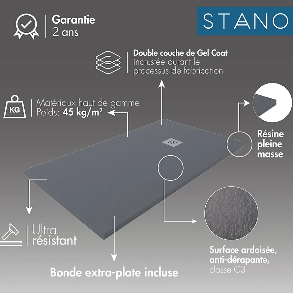 Stano Receveur de douche 90 x 170 cm extra plat QUORE en resine surface ardoisee beton* Receveur De Douche