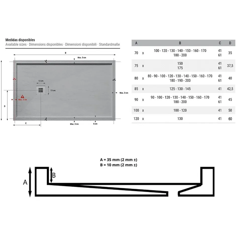 Stano Receveur de douche 70 x 120 cm extra plat blanc en resine minerale SARIN Acier inoxydable