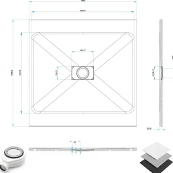 Saniverre Receveur de douche BAYA extra-plat aspect pierre gris 100 x 100 cm + bonde centrale* Receveur De Douche