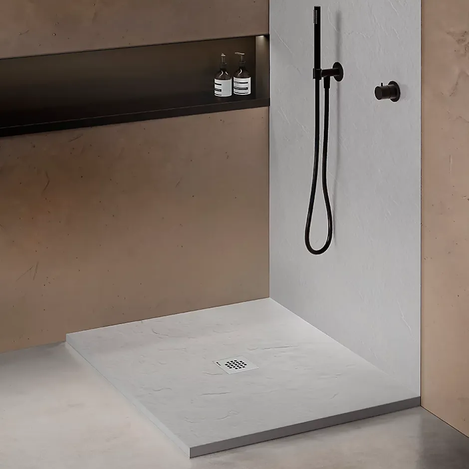 U-tile Receveur de douche blanc 90 x 90 cm haute densité aspect ardoise - grille carrée centrée
