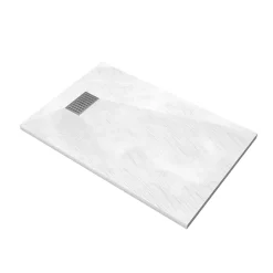 Aurlane Receveur de douche Blanc Effet Pierre 90x140 cm et Grille décor Linéaire en Inox