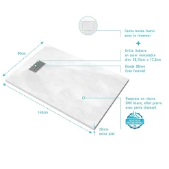 Aurlane Receveur de douche Blanc Effet Pierre 90x140 cm et Grille décor Linéaire en Inox