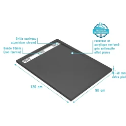 Galedo Receveur de douche extra-plat 90 x 120 cm, acrylique, gris, Pedra* Receveur De Douche