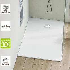 Sanizéo Receveur de Douche Extraplat 90X110cm Blanc - Résine Minérale - Antidérapant - Effet Pierre Naturelle - RÉSIGRÈS.