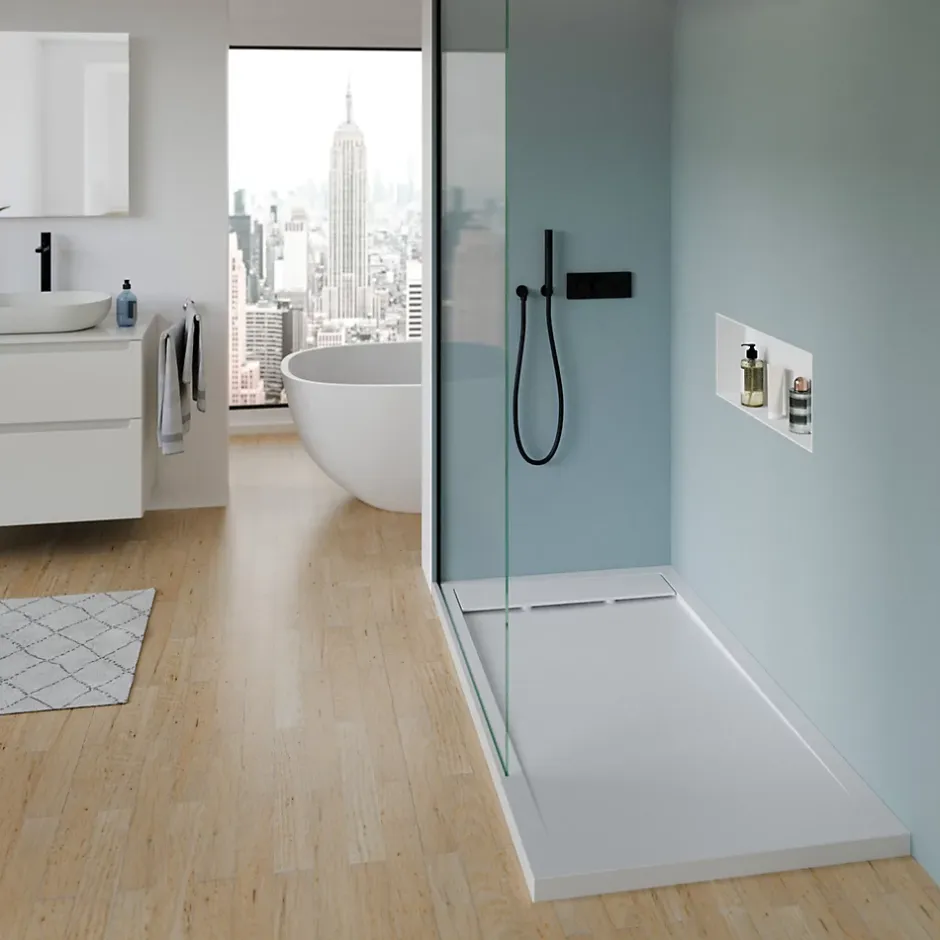 Bernstein Receveur de douche fonte minérale, Blanc mat, 140x90x4.5cm, Bac à douche antidérapant, Pente écoulement, Sans bonde