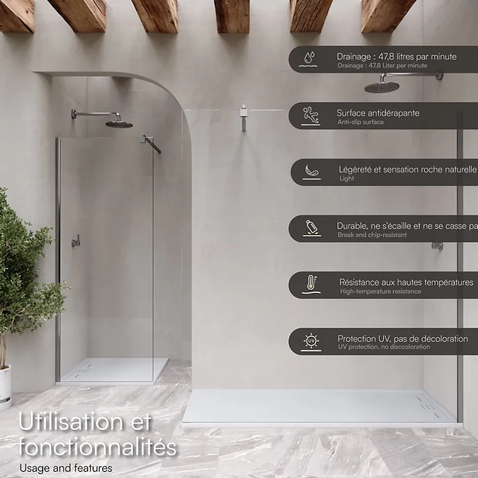Saniverre Receveur de douche HIEMAL 80 x 150 cm résine Blanc aspect ardoise + bonde incluse -