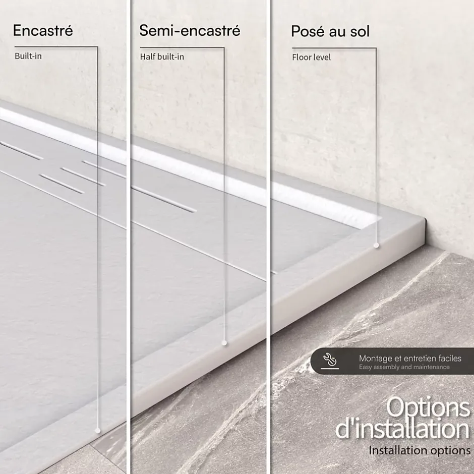 Saniverre Receveur de douche HIEMAL 80 x 150 cm résine Blanc aspect ardoise + bonde incluse -