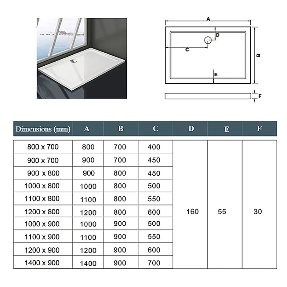 AICA Sanitaire Receveur de douche italienne 110x80cm blanc, extra-plat, Bac à douche avec le kit de plinthe, 8 pieds, bonde de douche et siphon