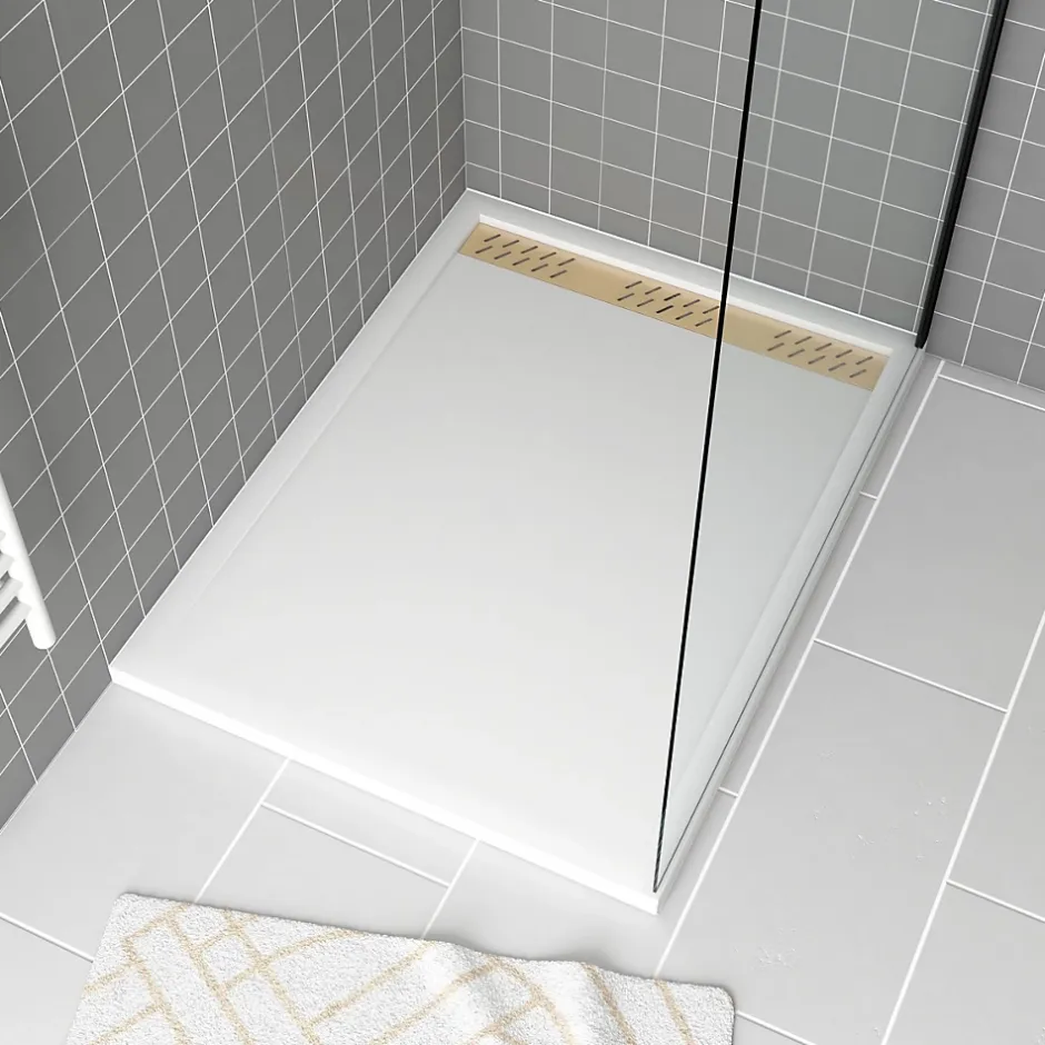 Galedo Receveur de douche L.120 x l.90 x H.4 cm, acrylique renforcé blanc, avec grille d'évacuation dorée, Pure 2* Receveur De Douche