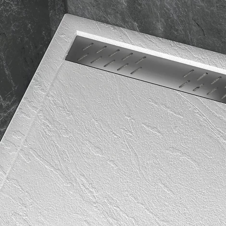 Galedo Receveur de douche L.120 x l.90 x H.4 cm, acrylique renforcé blanc effet pierre, avec grille d'évacuation gun metal, Pedra
